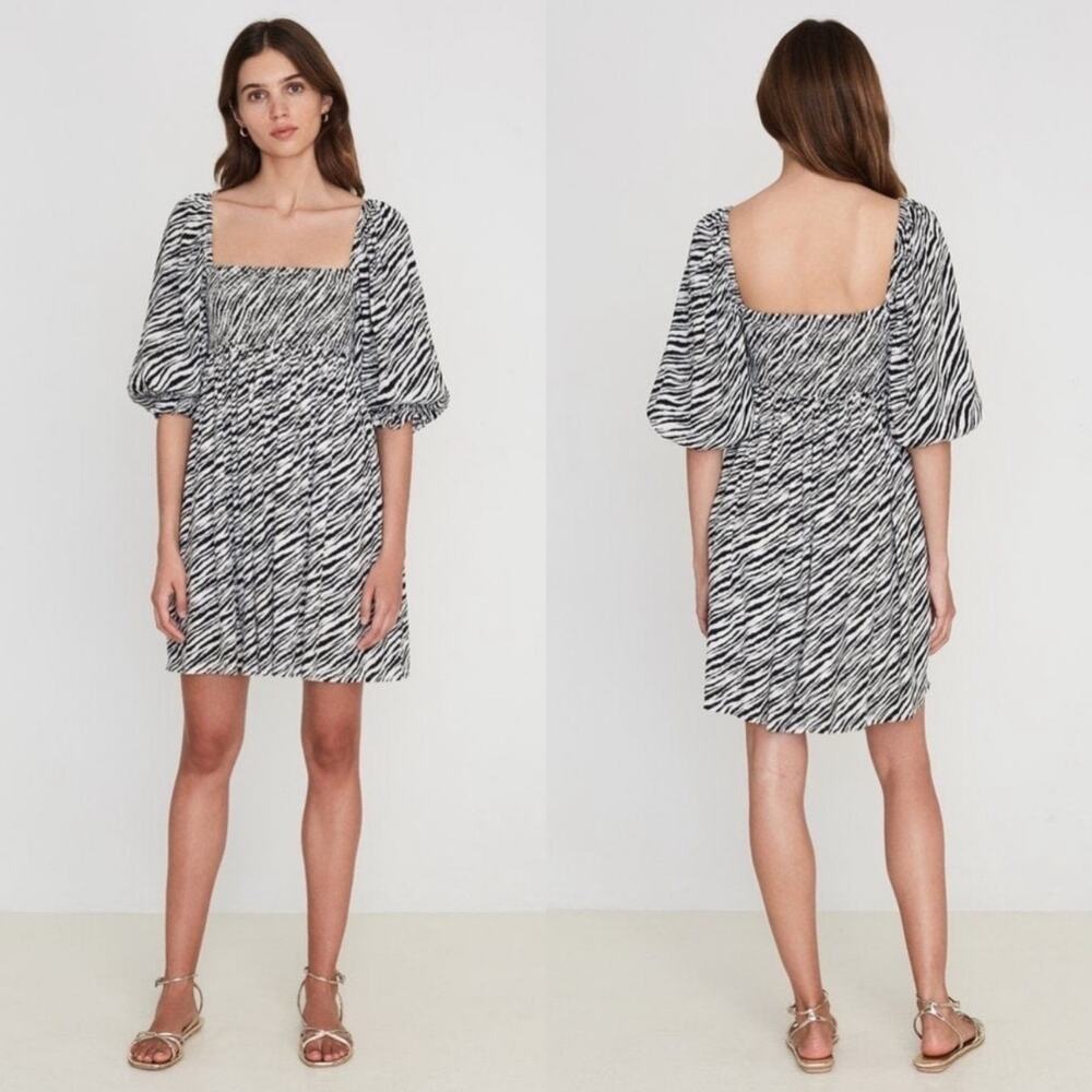 Faithfull the Brand Dress Womens 6 Black White Alina Smocked Zebra Square Neck